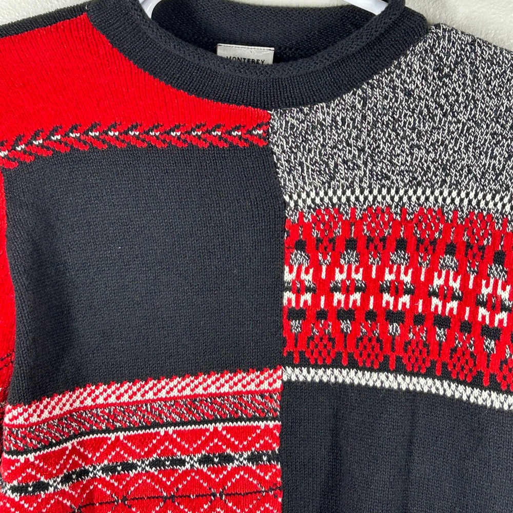 Monterey by Koret Womens Large Patchwork Colorblock Knit Sweater Red Black White